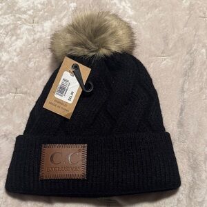 C.C Exclusives Black Knit Beanie with Faux Fur Pom